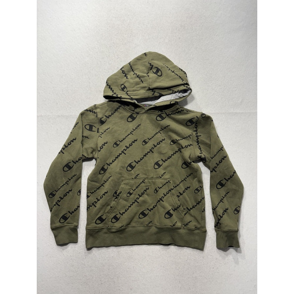 Champion Hoodie Unisex Kids L Green Allover Logo Fleece Pullover Kangaroo Pocket